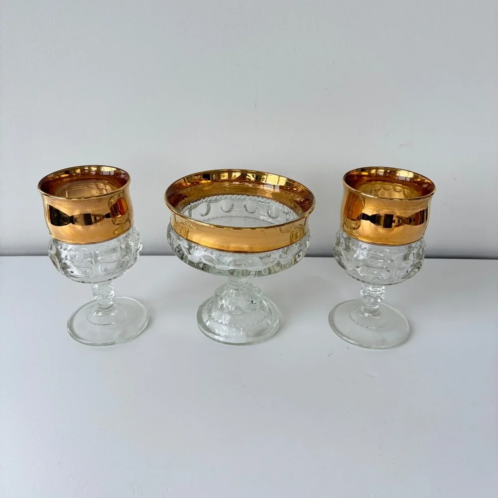 Indiana Glass Kings Thumbprint Gold Rim Goblets and Compote Set of 3 Vintage MCM